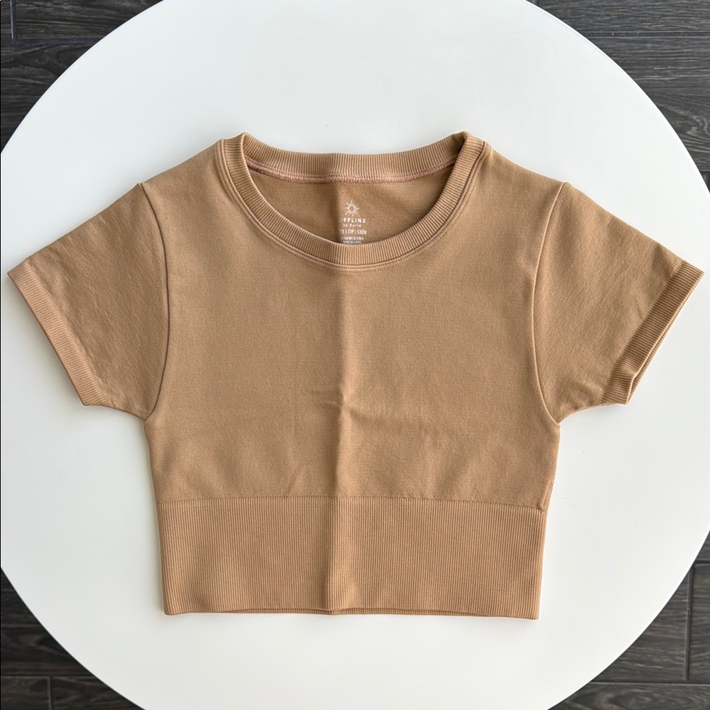 Aerie Tan Cropped Short Sleeve Top XXS